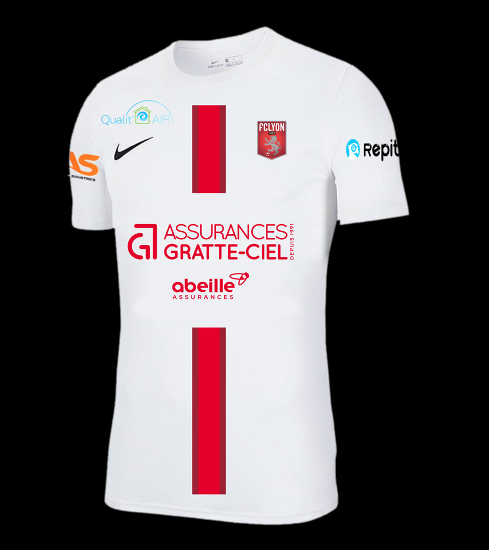 Maillot blanc équipe FC LYON avec sponsor Assurances Gratte-Ciel