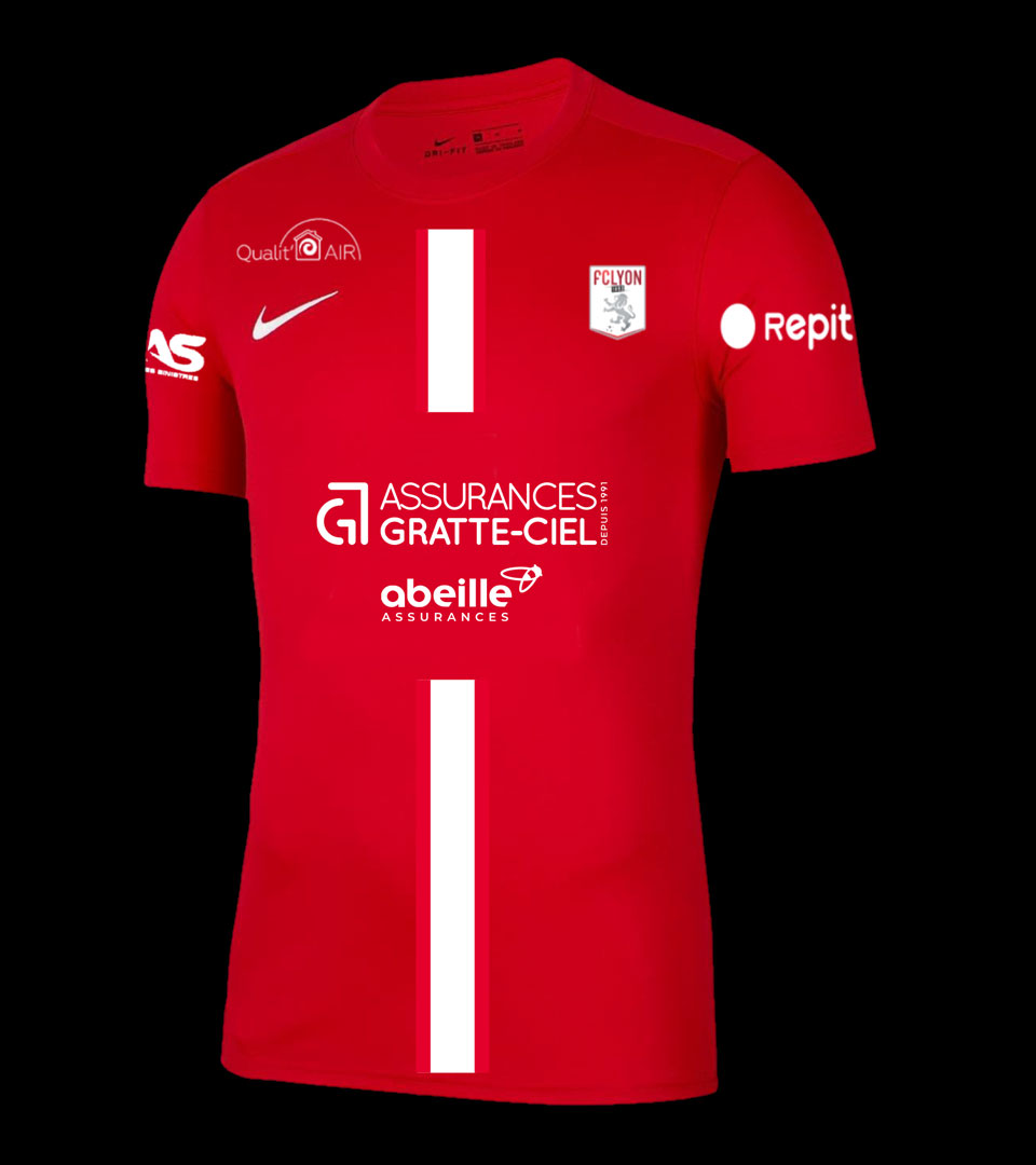 Maillot rouge équipe FC LYON avec sponsor Assurances Gratte-Ciel